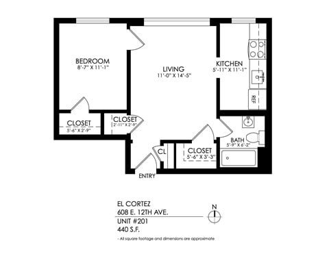 Floor plan for 1 bed, 1 bath, 450 sqft